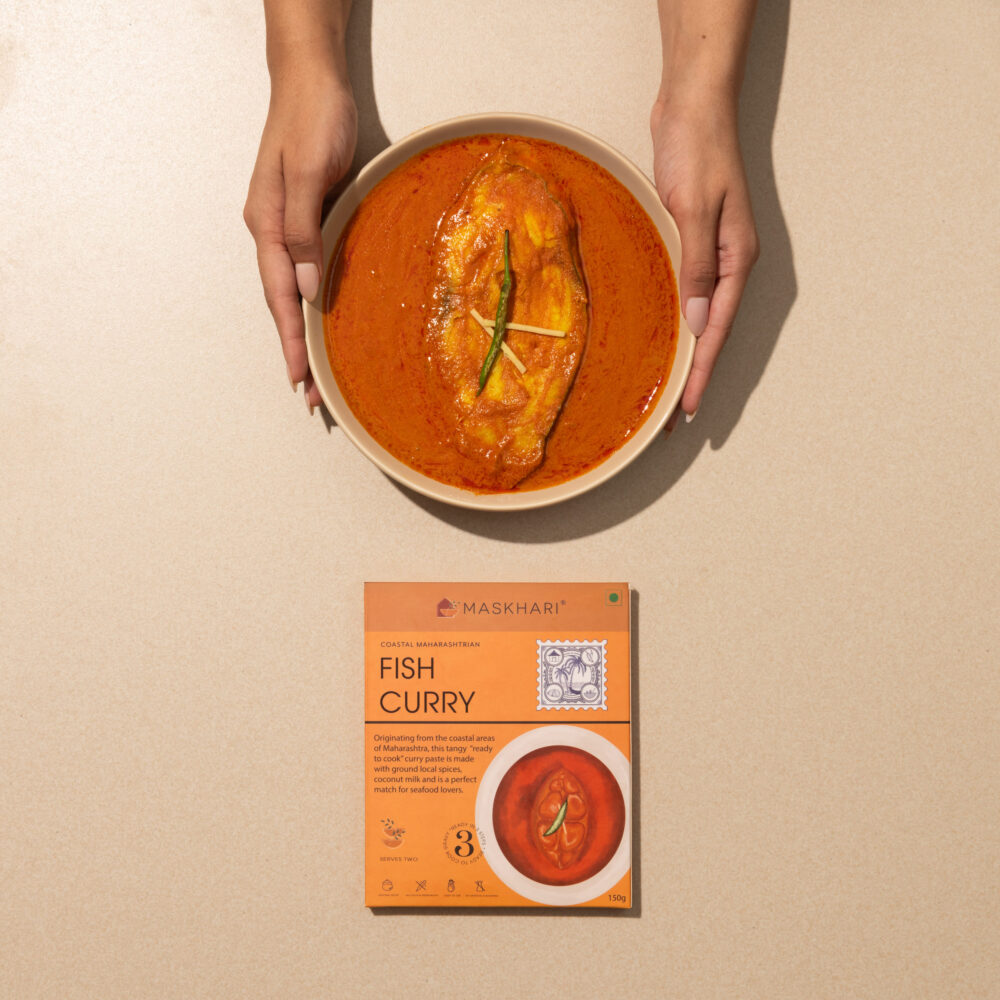 fish curry in a bowl with packaging shown